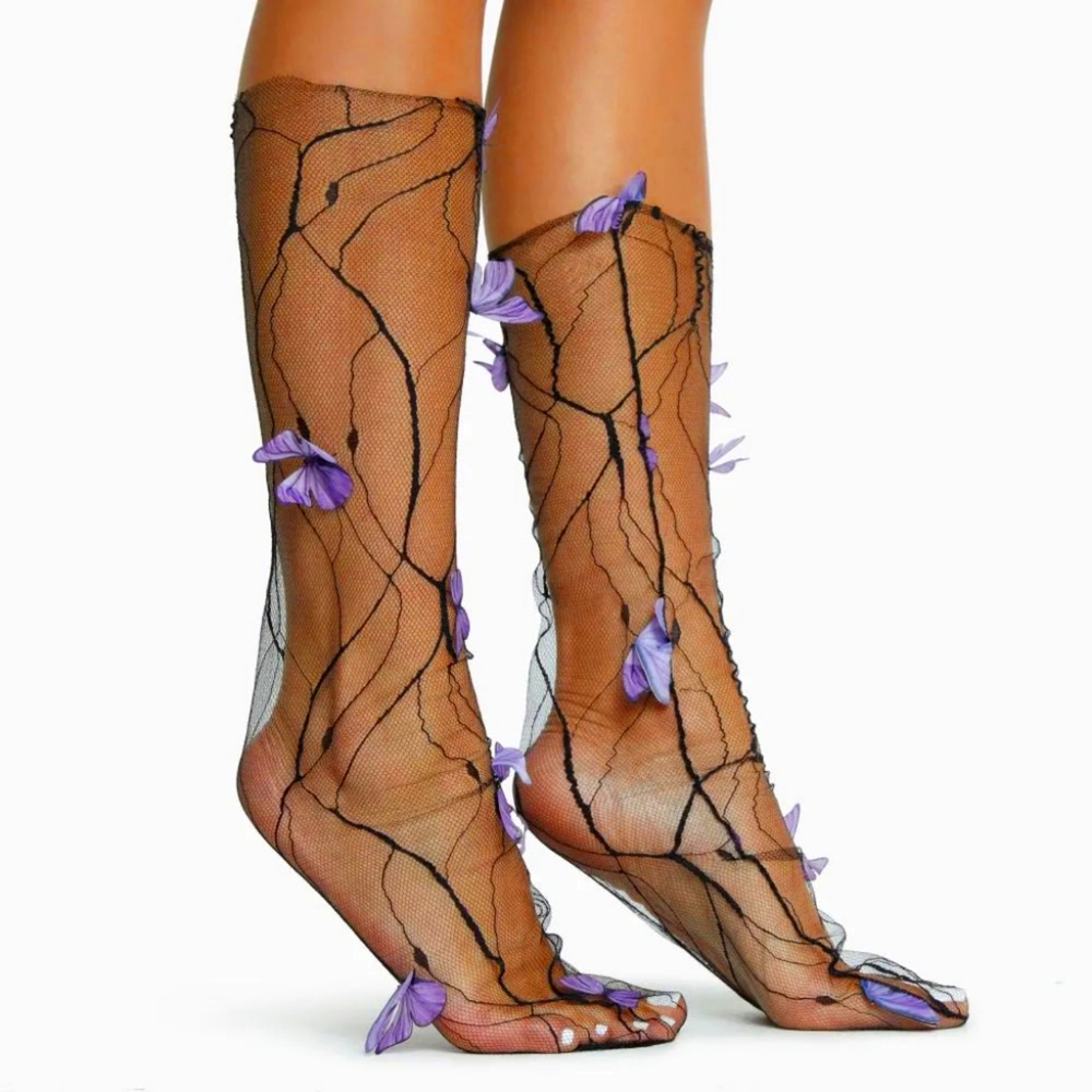 Beautiful Black Lace Purple Butterfly Fairy Socks